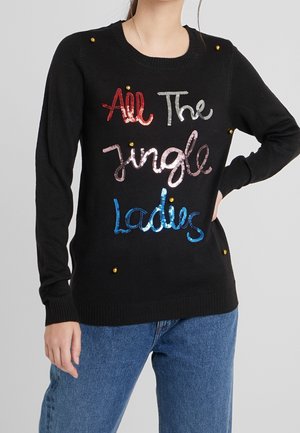 Pull noir avec texte pailleté rouge, argent, rose et bleu indiquant « All The Jingle Ladies » et petits embellissements dorés.