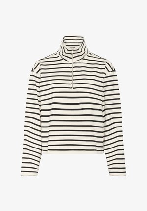 Gestreepte trui met hoge kraag, voorzien van zwarte strepen op een crèmekleurige achtergrond, kwart-ritssluiting en een borstzak. Gemaakt van een katoenmix.