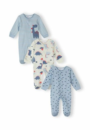 Trzy body dla niemowląt, dwa niebieskie w paski z nadrukiem dinozaurów oraz jedno białe z kolorowymi wzorami dinozaurów, wszystkie z długim rękawem i zakrytymi stopami.