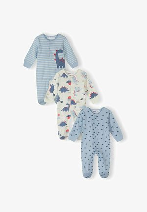 Trois grenouillères pour bébé, deux bleues à rayures avec des imprimés de dinosaures et une blanche avec des motifs de dinosaures colorés, toutes à manches longues avec des couvre-pieds.