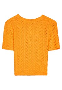 Neulottu oranssinvärinen lyhythihainen villapaita, jossa on kalanruotokuvio ja rento pyöreä kaula-aukko. Rakennepintainen, kevyt materiaali.