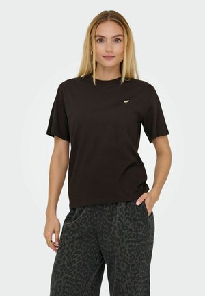 Black short-sleeve T-shirt with a round neckline, featuring a small gold logo on the left chest and a relaxed fit.