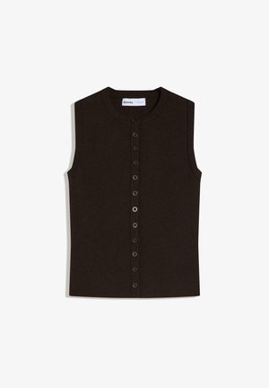 Black sleeveless knitted top with round neckline and a vertical row of black buttons down the front center.