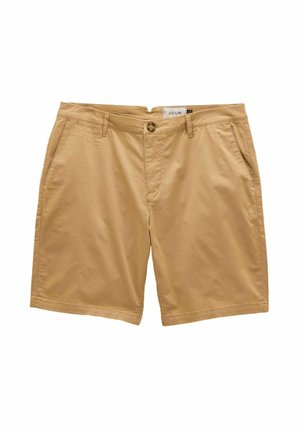 Beige Herren-Kniebundshorts mit Knopf- und Reißverschluss, Vordertaschen und Gürtelschlaufen.