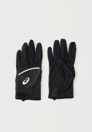 Pereche de mănuși sportive negre, respirabile, cu logo reflectorizant și design pe partea din spate, degete întinse, palmele orientate în sus și în jos.