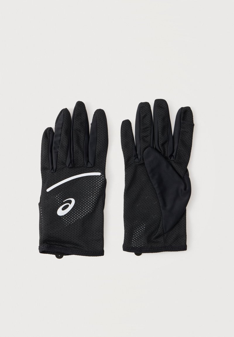 Ζευγάρι μαύρα αθλητικά γάντια αναπνέοντα με ανακλαστικό λογότυπο και σχέδιο στην πλάτη, δάχτυλα τεντωμένα, παλάμες προς τα πάνω και προς τα κάτω.