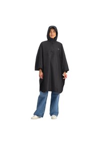 Zwarte waterdichte poncho met een capuchon en een halve ritsluiting. Beschikt over een ontspannen pasvorm en zijsplitten, gemaakt van lichtgewicht stof.