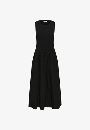Ärmelloses schwarzes Midikleid mit tailliertem, geripptem Oberteil und gerafftem, fließendem Rock.