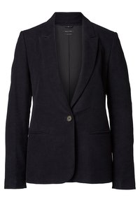 Blazer marine en tissu doux, avec un col à revers, fermeture à un bouton et deux poches avant. Texture lisse, coupe ajustée.
