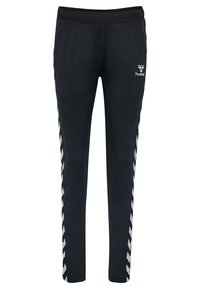 Svarta träningsbyxor i ventilerande tyg, med vit chevronmönstrad dekor längs sidorna och resårmidja.
