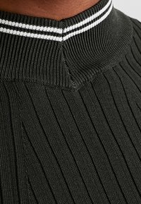 Pull en maille côtelée vert foncé avec un col haut, présentant une bande blanche contrastante le long de l'encolure. Texture lisse, coupe ajustée.