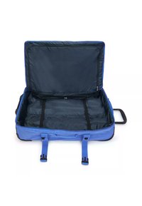 Valigia blu di forma rettangolare, con esterno in tessuto e interno nero. Include caratteristiche come cinghie regolabili e manico retrattile.