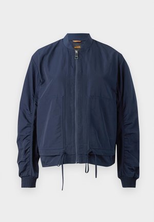 Navy bomber jacket in lightweight fabric. Features a full zipper, elastic cuffs, drawstring hem, and two front pockets. Simple design.
