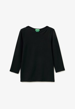 Zwarte longsleeve met ronde hals en een groen label binnenin de kraag, tegen een witte achtergrond.