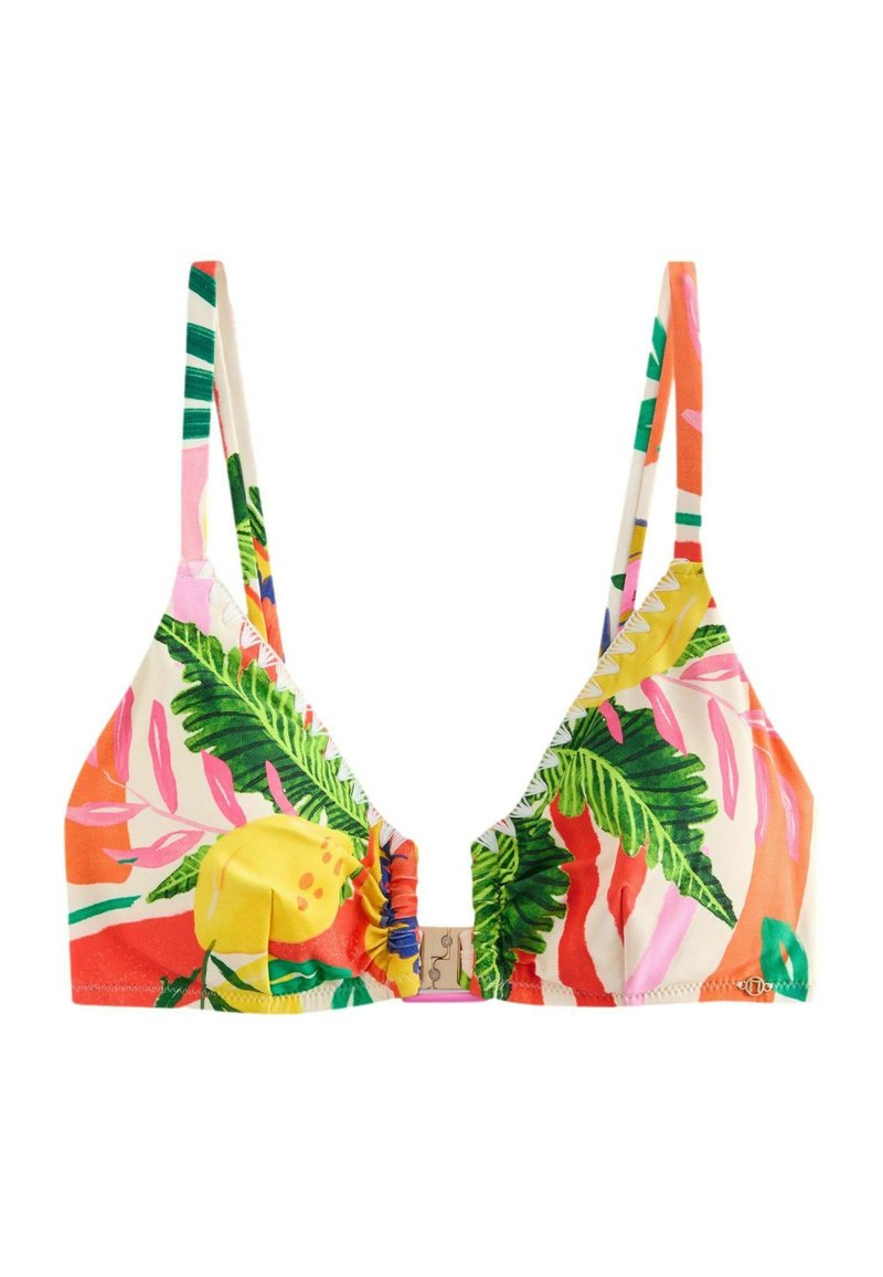 Troopiline trikoo ülemine osa, millel on erksavärvilised palmilehed ja sidrunimotiivid. Pehme kangas, reguleeritavad rihmad ja kokkupandud keskosa detail.