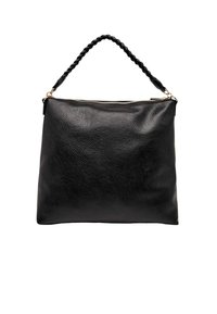 Sac à main en cuir noir à finition texturée, de grande forme rectangulaire, avec une anse tressée et une fermeture éclair dorée en haut.