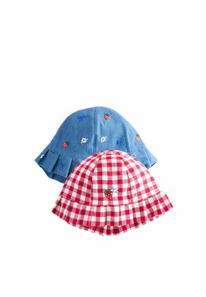 Two children's bucket hats, one blue with embroidered strawberries, flowers, and bows, the other red and white checkered with strawberry and flower embroidery.