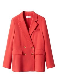 Blazer doppio petto rosso con due tasche frontali, rever a punta e bottoni dorati. Tessuto liscio con silhouette strutturata.