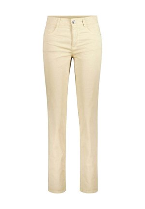 Pantalon beige à jambes droites avec bouton et fermeture éclair sur l'avant, deux poches avant et passants pour ceinture, présenté sur fond blanc.
