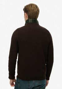 Donkerbruine gebreide trui met een groene geruite kraag, met een hoge hals en een aansluitende silhouet. De textuur lijkt gebreid met een subtiel patroon.