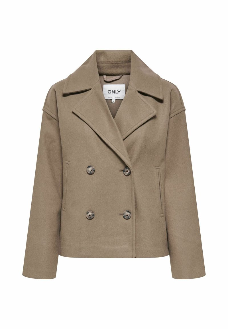 Manteau en laine marron à double boutonnage avec larges revers, deux poches avant et une coupe courte et carrée.