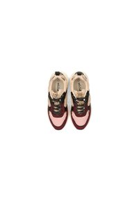 Sneakers with a mix of pink, maroon, and black materials. Features textured accents, mesh detail, and patterned laces with a chunky sole.