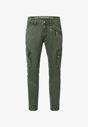 Olive green cargo pants with multiple pockets, zipper detail, slim fit, and a textured fabric. Features a branded waistband.