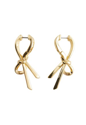 Goldfarbene Ohrringe in Knotenform mit zwei verlängerten, flachen Akzenten. Glatte Oberfläche, glänzende Ausführung und sichere Steckverschluss. 