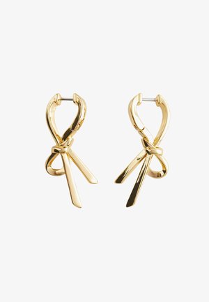 Goldfarbene Ohrringe in Knotenform mit zwei verlängerten, flachen Akzenten. Glatte Oberfläche, glänzende Ausführung und sichere Steckverschluss.