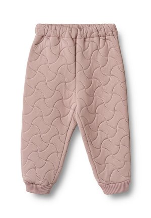 Pantalons matelassés roses avec un motif de couture ondulé, taille élastique et revers côtelés aux chevilles. Tissu doux avec une finition texturée.