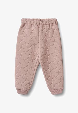 Pink quilted pants with a wavy stitched pattern, elastic waistband, and ribbed ankle cuffs. Soft fabric with a textured finish.