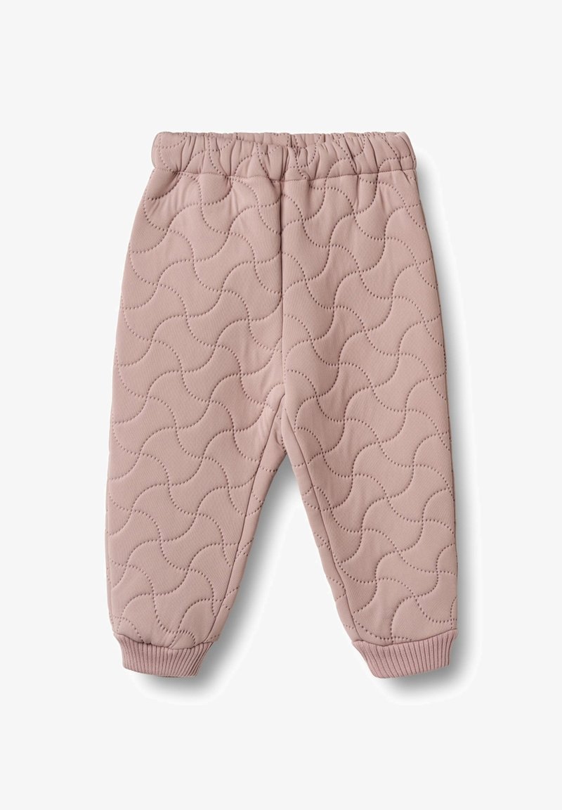 Roze gewatteerde broek met een golvend gestikt patroon, elastische tailleband en ribgebreide enkelboorden. Zachte stof met een gestructureerde afwerking.
