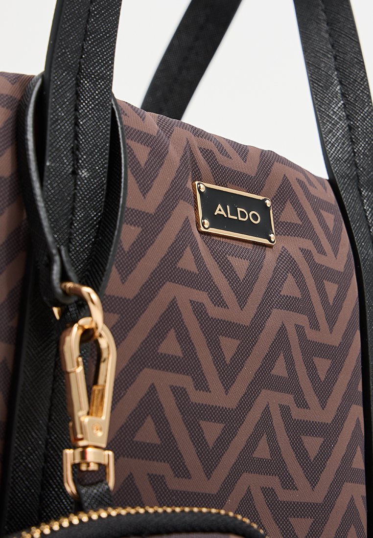 Sac à main à motifs marron avec des anses noires, mettant en avant un accent en matériel doré et une étiquette de marque. Matériau texturé et design géométrique.