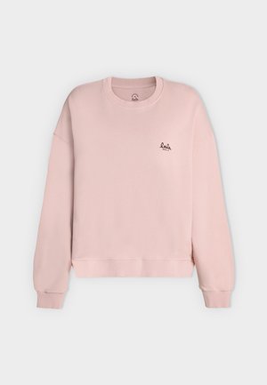 Sweat-shirt rose clair col rond avec poignets et ourlet côtelés, petit logo noir "lala Berlin" sur la poitrine gauche.