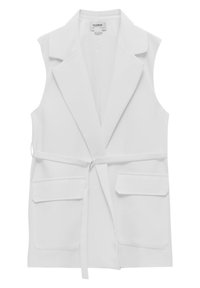 Weißes ärmelloses Weste aus glattem Stoff, mit Reverskragen, Taillengürtel und zwei aufgesetzten Fronttaschen.
