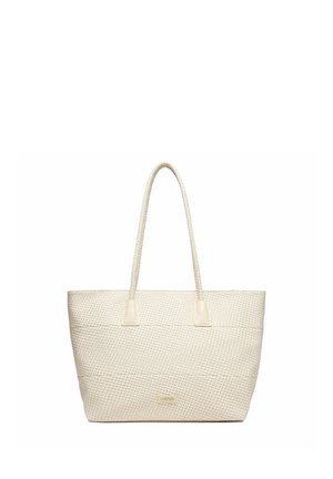 Borsa a mano color avorio con texture, manici lunghi e una piccola etichetta rettangolare del marchio al centro frontale.