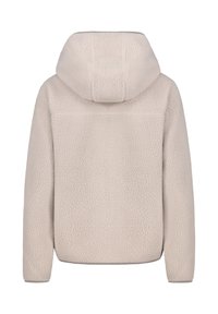 Beige Fleecejacke mit Kapuze, mit einer strukturierten Außenseite, langen Ärmeln und geradem Schnitt. Minimale Nähte auf der Rückseite.