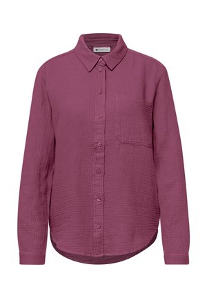 Langärmelig textuur mauve overhemd met knoopsluiting, kraag en borstzak, frontaal weergegeven op een witte achtergrond.