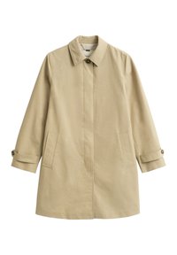 Abrigo beige tipo trench de mezcla de algodón con cuello, cierre frontal de botones, bolsillos laterales y puños de manga enrollados. Textura suave.
