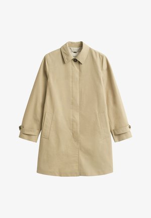 Beiger Trenchcoat aus Baumwollmischung mit Kragen, vorderer Knopfleiste, Seitentaschen und aufgekrempelten Ärmeln. Glatte Textur.