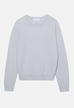 Light gray knit sweater featuring a textured diamond pattern, round neckline, and long sleeves with ribbed cuffs and hem.