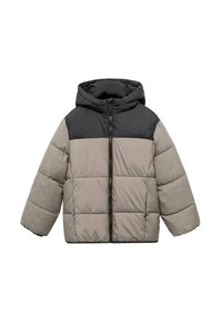 Puffjacka med huva, som har en svart övre del och en ljusgrå nedre del. Quiltad design med dragkedja fram och vida ärmar.