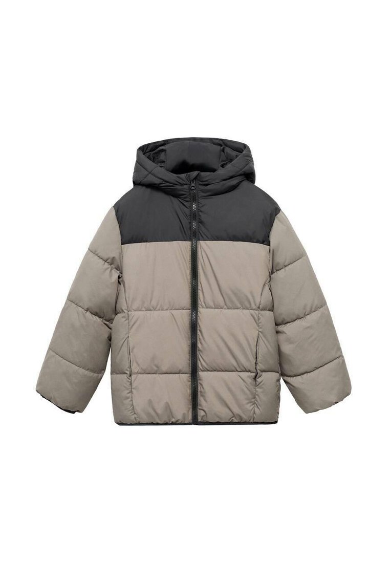 Puffjacka med huva, som har en svart övre del och en ljusgrå nedre del. Quiltad design med dragkedja fram och vida ärmar.