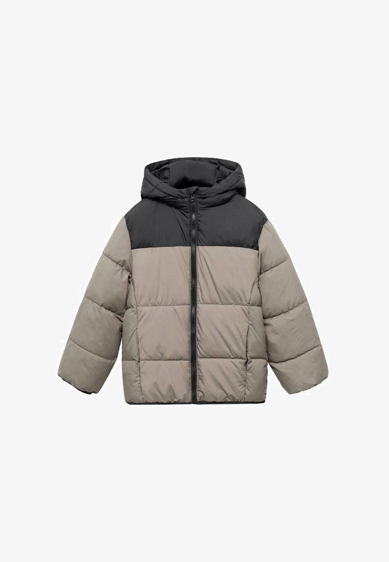Bunda s kapucňou, s čiernou vrchnou časťou a svetlo šedým spodkom. Prešité dizajn s predným zipsom a širokými rukávmi.