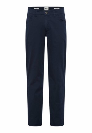 Marineblaue Baumwollhose mit geradem Beinausschnitt, Seitentaschen und Knopfverschluss. Glatte Textur und klassischer Schnitt.