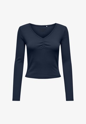 Marineblå langærmet crop top med V-udskæring og rynkedetalje foran i midten.