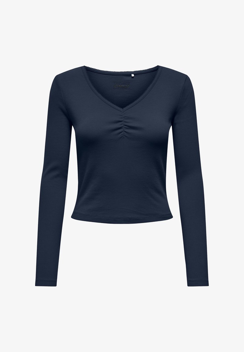 Dugi top mornarsko plave boje s V-izrezom i nabranim detaljem na sredini prednjeg dijela.