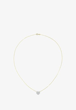 Collana con catena color oro con pendente a forma di cuore decorato con piccole pietre trasparenti, per un accento scintillante.