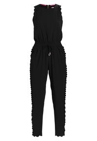 Jumpsuit noir avec des bordures festonnées, sans manches, taille cintrée et détail de cordon. Tissu lisse avec poches latérales.
