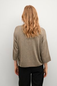 Béžový oversized pletený svetr se širokými rukávy a rovného lemu, zobrazený zezadu na jednobarevném pozadí. Měkká textura.